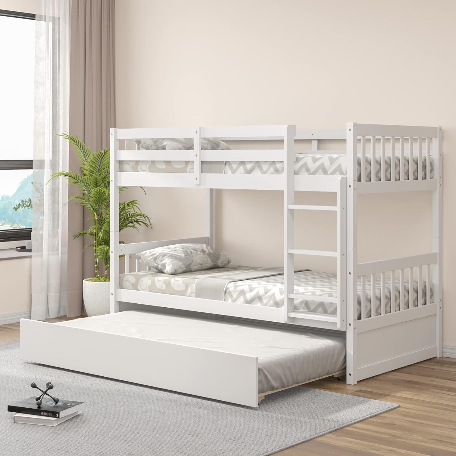 KOMFOTT Wood Twin Over Twin Bunk Bed with Trundle, Solid Pine Wood Bunk Bed Frame with Ladder & Safety Guardrails, Space-Saving Convertible Twin Bed Frame for Home & Dormitory, No Box Spring Needed