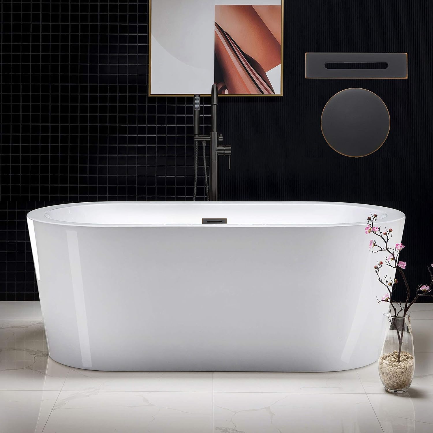 WOODBRIDGE 59' Acrylic Freestanding Bathtub Contemporary Soaking White Tub with Oil Rubbed Bronze Overflow and Drain，B0012 -ORB-Drain &O