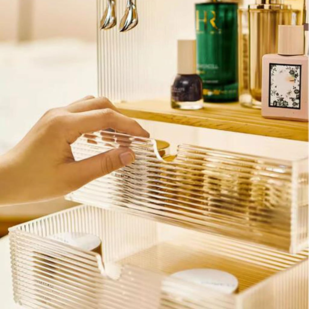 Makeup Storage Box Acrylic Makeup Organizer for Vanity, Multi-function Desk Organizer with 2 Drawers and Storage Cabinet,Clear Bathroom Organizer Countertop for Cosmetics,Lipsticks,Jewelry,Nail Care,S