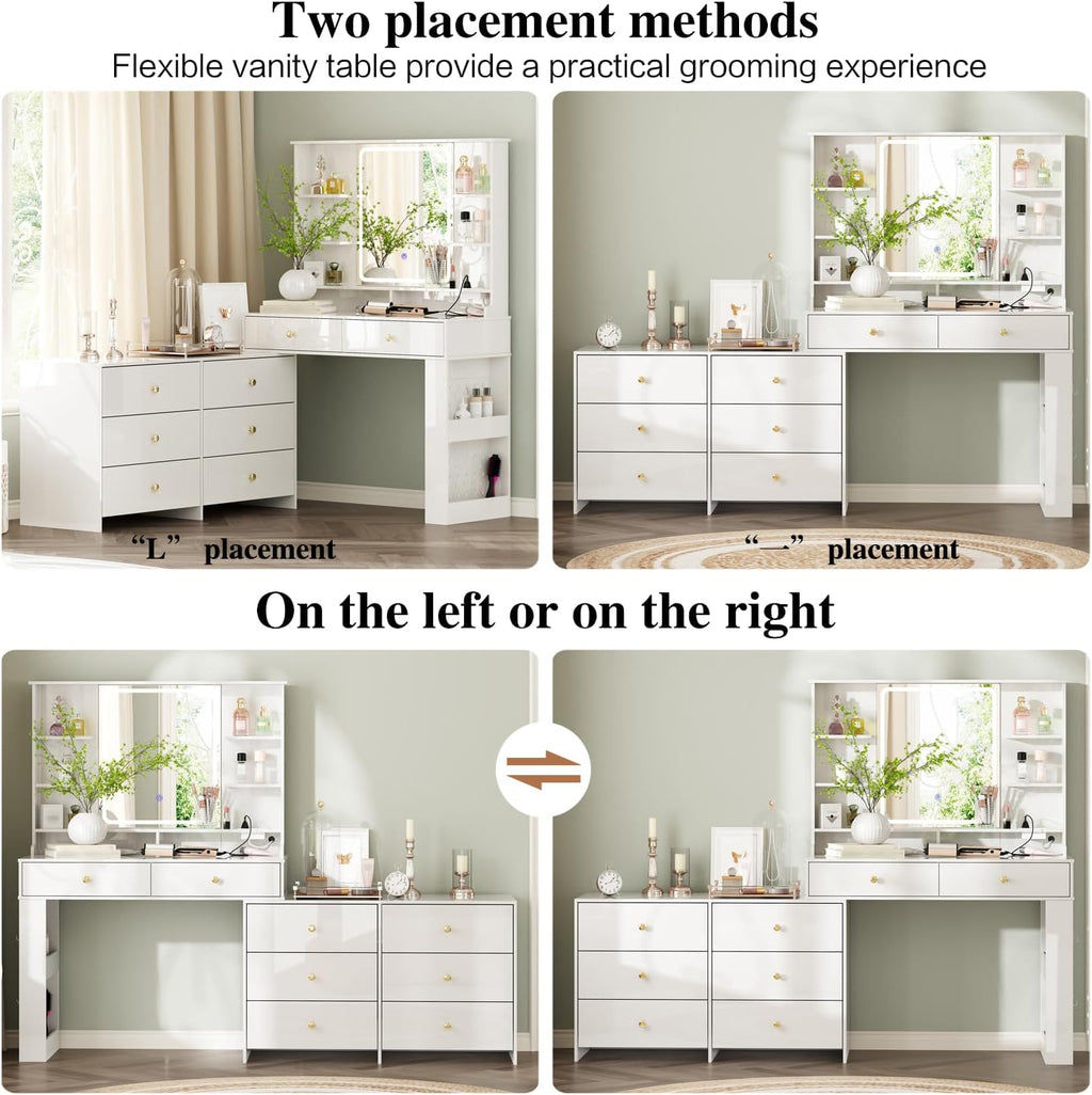 Ieejdn Makeup Vanity Desk with Mirror and Lights, Vanity Desk with 8 Drawers & Storage Shelves, Vanity Table with Power Outlet, 3 Color Modes & Adjustable Brightness Dressing Table, Bedroom,White