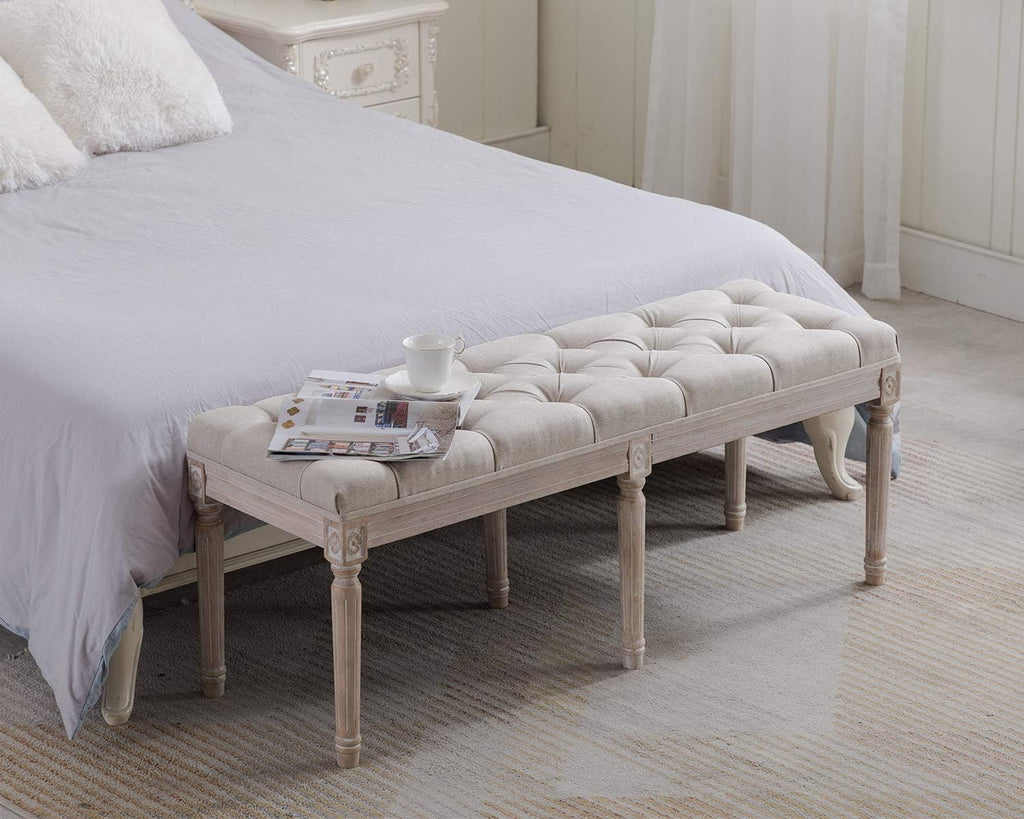 Kmax 45.3' Upholstered Dining Room Bench, Rustic Living Room Ottoman Bench with Carved Pattern & Rustic White Brushed Rubber Wood Legs, Beige
