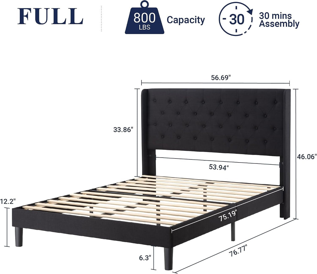 Allewie Full Size Bed Frame with Button Tufted Wingback Headboard, Modern Upholstered Bed Frame with Solid Wooden Slats Support - No Box Spring Needed, Easy Assembly, Black