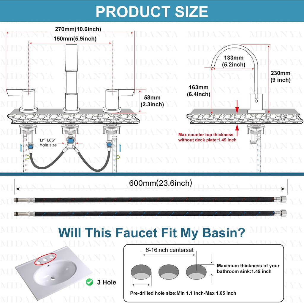 Midanya Brushed Nickel Morden Widespread Bathroom Faucet 3 Holes 2 Handles 8 Inch Vanity Faucet with 10 Inch Brushed Nickel Rain Shower Set Square Rainfall Shower Head Wall Mount Shower Faucet System