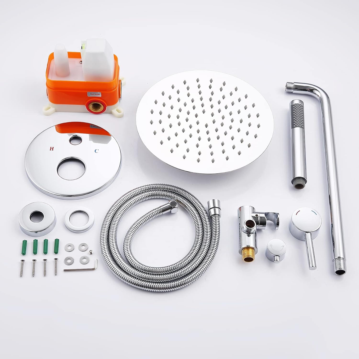 Rainfall Shower System with High Pressure 10 inch Head Hand Held Round Shower Head Bathroom Luxury Rain Mixer Shower Complete Combo Set Wall Mounted (Chrome)