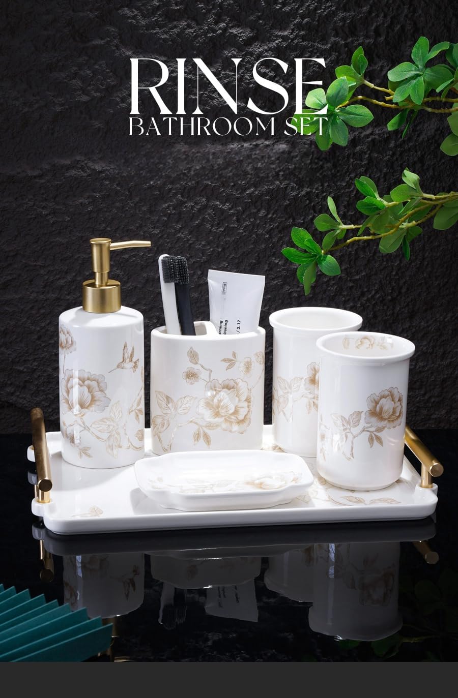 Vintage Decor,Bathroom Accessories Set 5 Pcs Ceramics Flower Pattern Sets Soap Dispenser Toothbrush Holder Countertop Bathroom Apartment Decor Stuff Easter Home Decor Five-Piece Set + Medium-Sized P