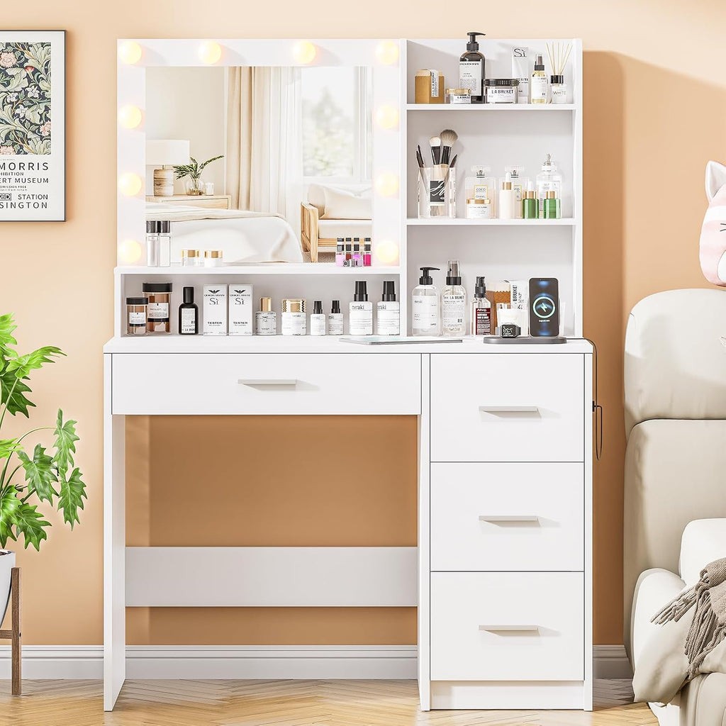 DINGIPP Vanity Desk with Lighted Mirror and Charging Station, Makeup Vanity with 4 Drawers & Storage Shelves,Makeup Desk 3 Color Lights Modes Available, Bedroom Dressing Table for Women, Girls