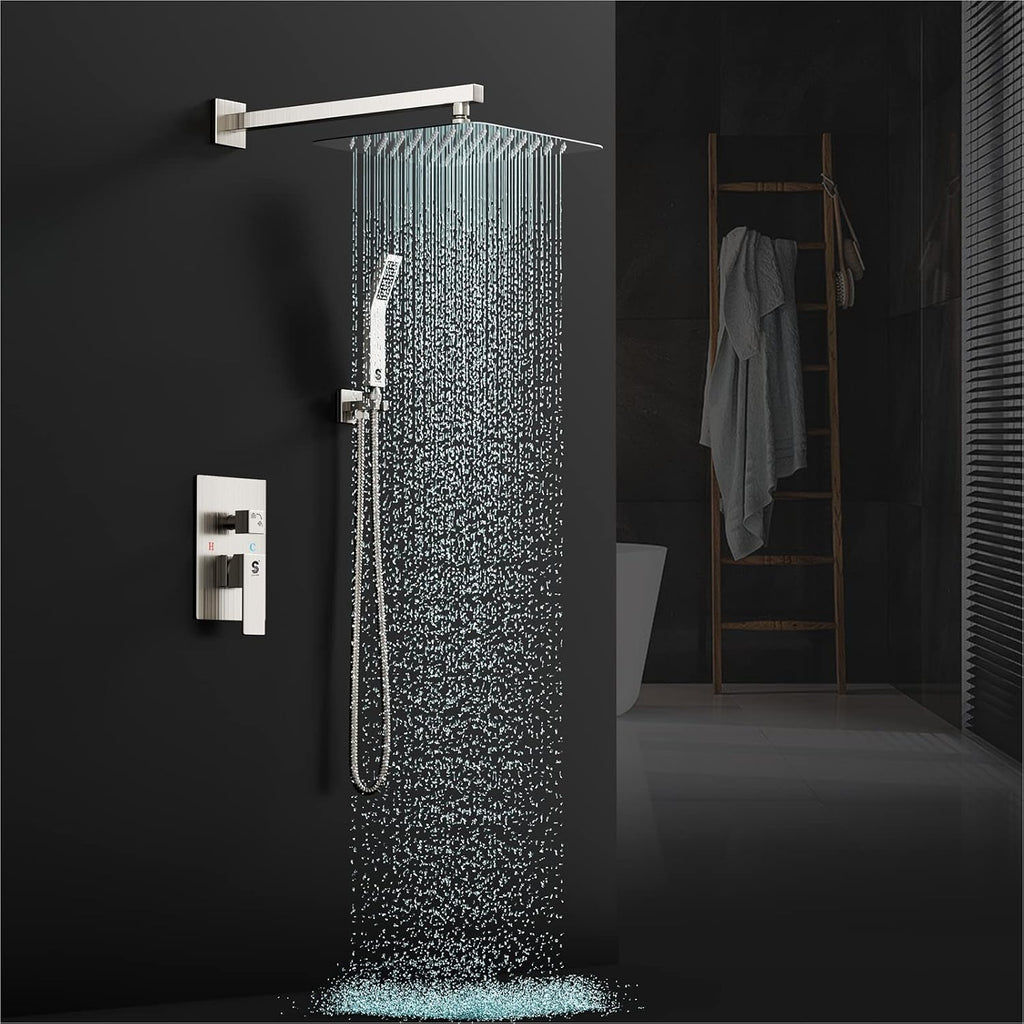 SR SUN RISE 10 Inch Rain Shower System and 3-Function Shower Faucet Set, Wall Mounted Shower System with Rough in Valve and Trims, Brushed Nickel