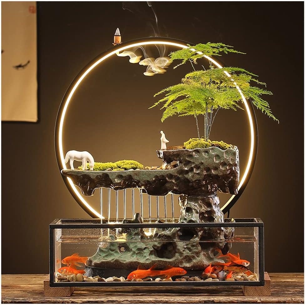 Waterfall Tabletop Fountain Flowing Water Lucky Ornament with Glass Aquarium and Lamp Ring Home Office Tabletop Decoration Indoor Fountain (Color : D)