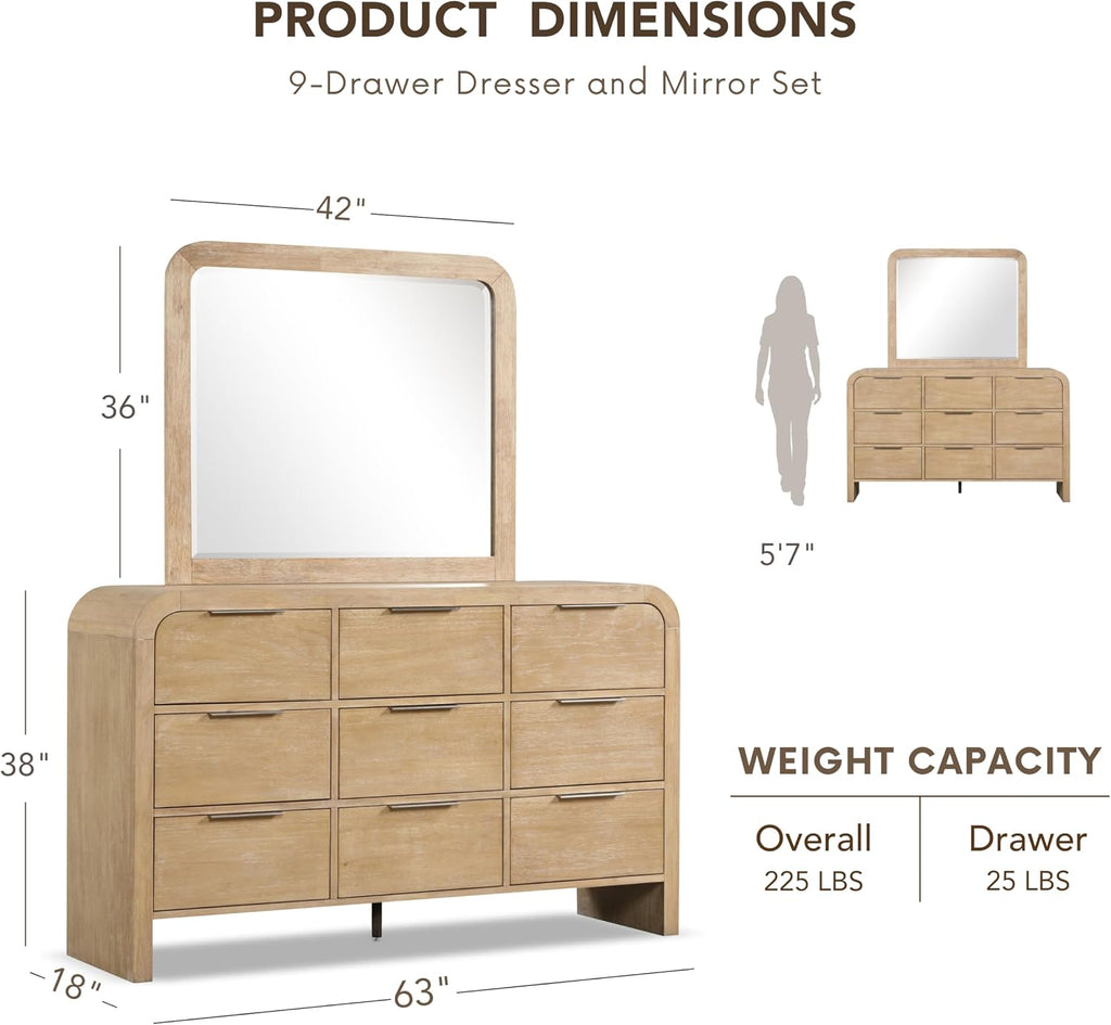 Furniture of America Verena Boho Solid Wood 6-Piece Queen Panel Bedroom Set with Channel Padded Headboard, Metal Side Glide, Finger Pulls and Beveled Mirror, Box Spring Needed, Natural