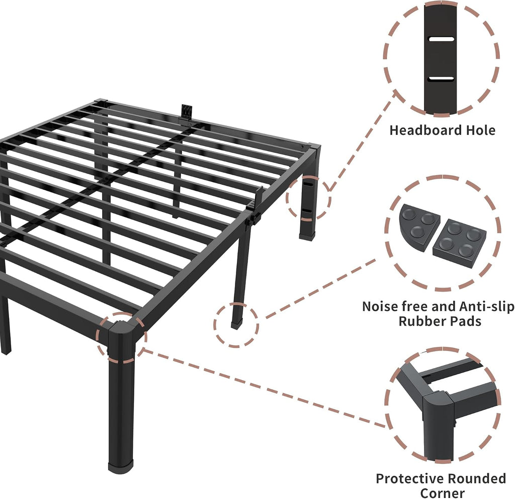 ROIL 18 Inch Queen Bed Frame with Rounded Corner and Headboard Hole Mattress Retainers 3500LBS Metal Heavy Duty Steel Slats No Box Spring Needed Platform Noise-Free Easy Assembly