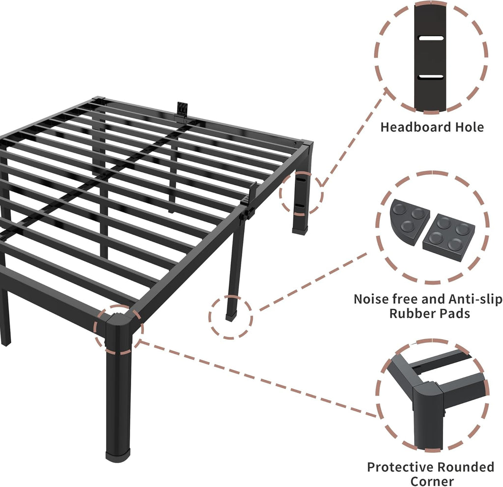 ROIL 18 Inch Full Size Bed Frame with Rounded Corner and Headboard Hole Mattress Retainers 3500LBS Metal Heavy Duty Steel Slats No Box Spring Needed Platform Noise-Free Easy Assembly