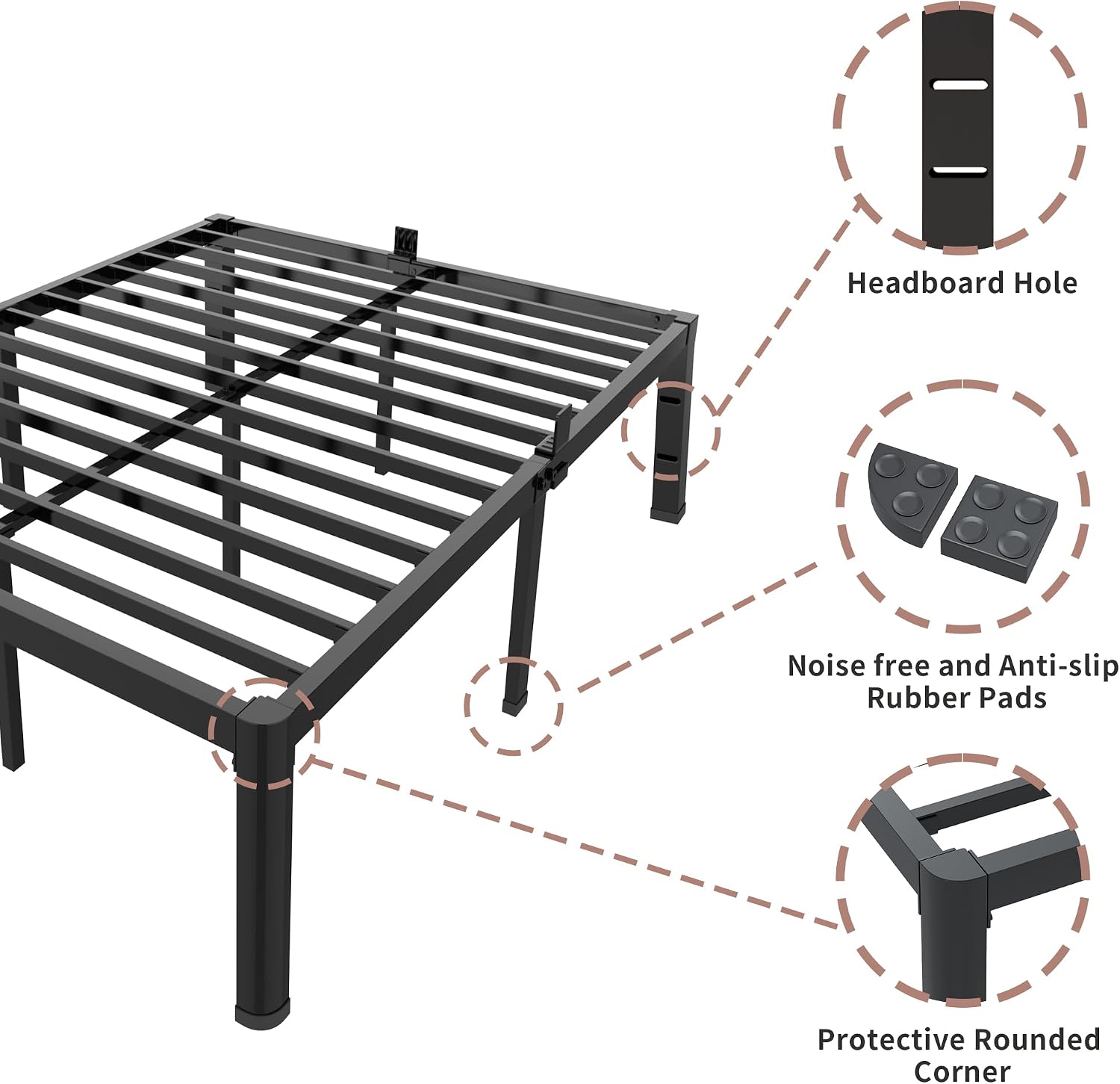 ROIL 18 Inch King Bed Frame with Rounded Corner and Headboard Hole Mattress Retainers 3500LBS Metal Heavy Duty Steel Slats No Box Spring Needed Platform Noise-Free Easy Assembly