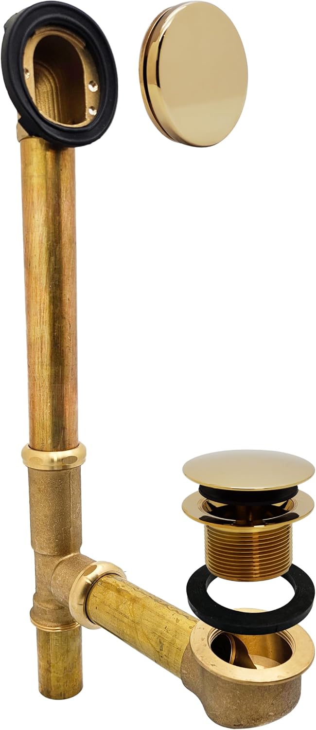 Westbrass A325H-01 14' Brass Bath Waste & Overflow Assembly with European Tip-Toe Drain Plug and Illusionary Faceplate, Polished Brass