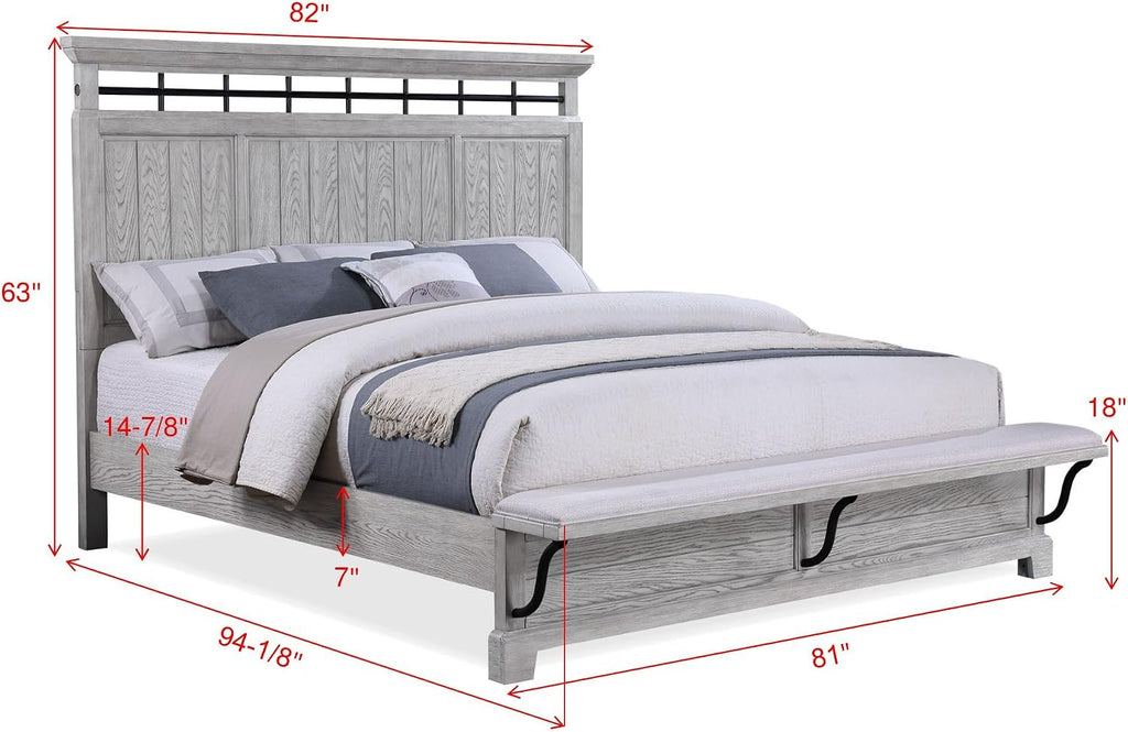 MASARA Rustic King Bed with Nightstand Set, Country Style Bedroom Furniture, Greige Wood Finish