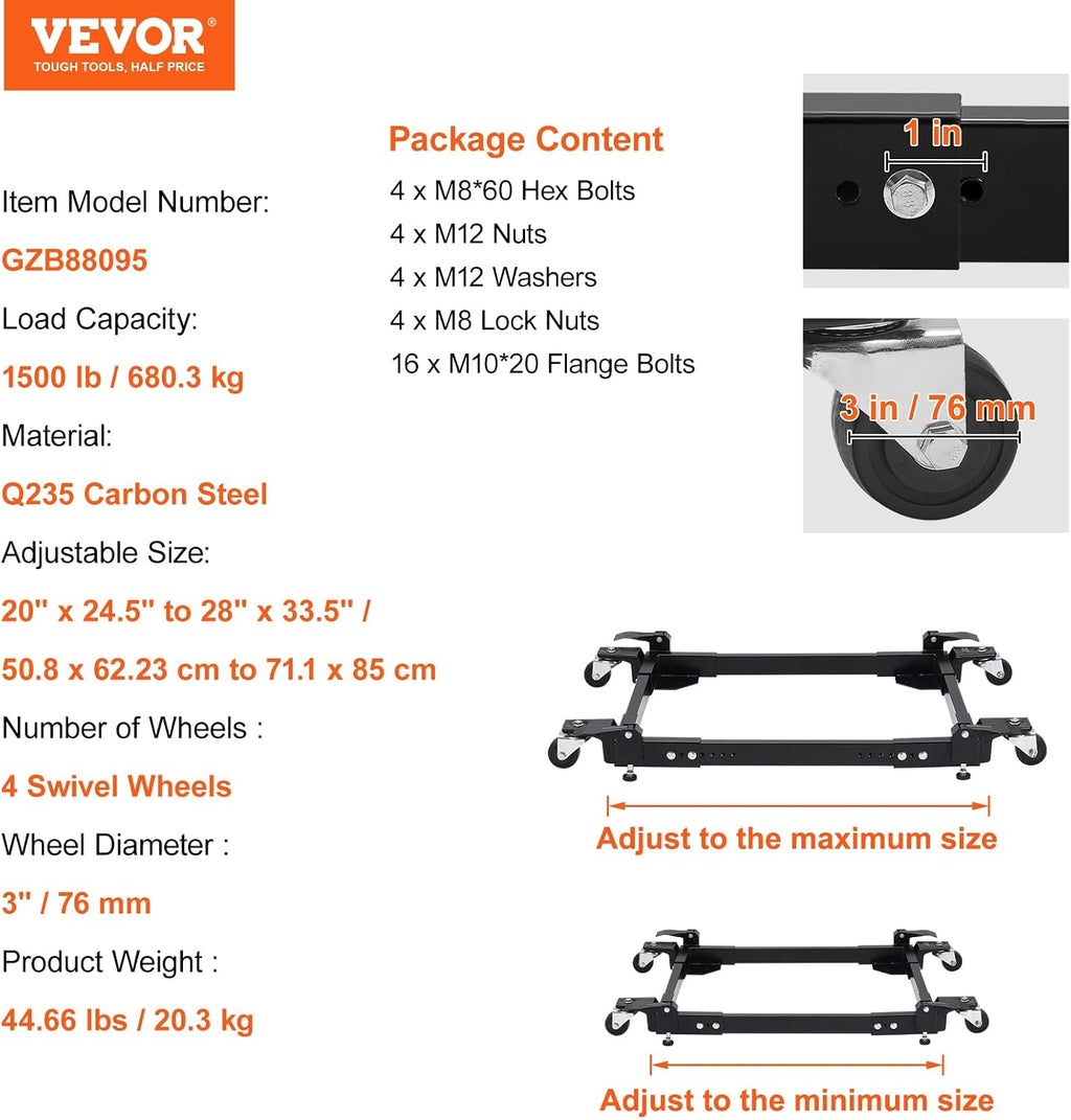 VEVOR Mobile Base, 1500 lbs Capacity, Adjustable from 20' x 24.5' to 28' x 33.5', Heavy Duty Universal Mobile Base Stand with 4 Swivel Wheels, for Woodworking Equipment, Bandsaw, Power Tool, Machine