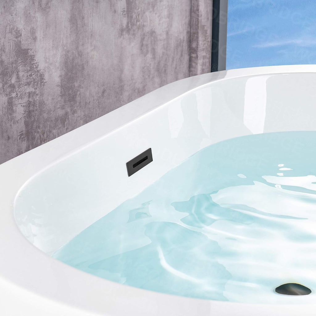 WOODBRIDGE 56' Acrylic Freestanding Bathtub Contemporary Soaking White Tub with Matte Black Overflow and Drain，B0088-MB-Drain&O