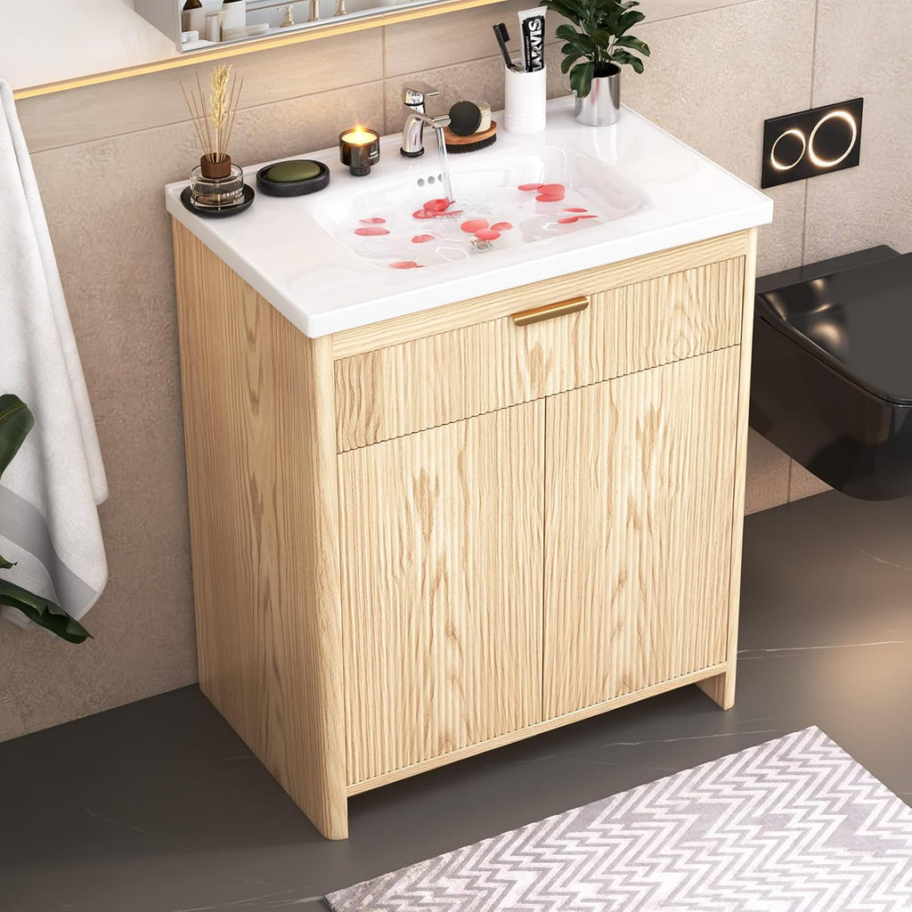 30'' Bathroom Vanity with Ceramic Single Sink Combo, Small Freestanding Bathroom Storage Vanity Cabinet with Drawer & Cabinet, Metal Handle,Natural Oak