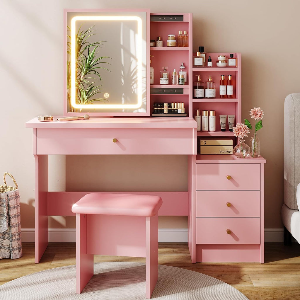 Memobarco Vanity Desk with Mirror and Lights, Makeup Vanity with 3 Adjustable Lighting Modes, Small Vanity Desk with Sliding Mirror, 4 Drawers, 7 Shelves, Vanity Chair for Bedroom, Pink