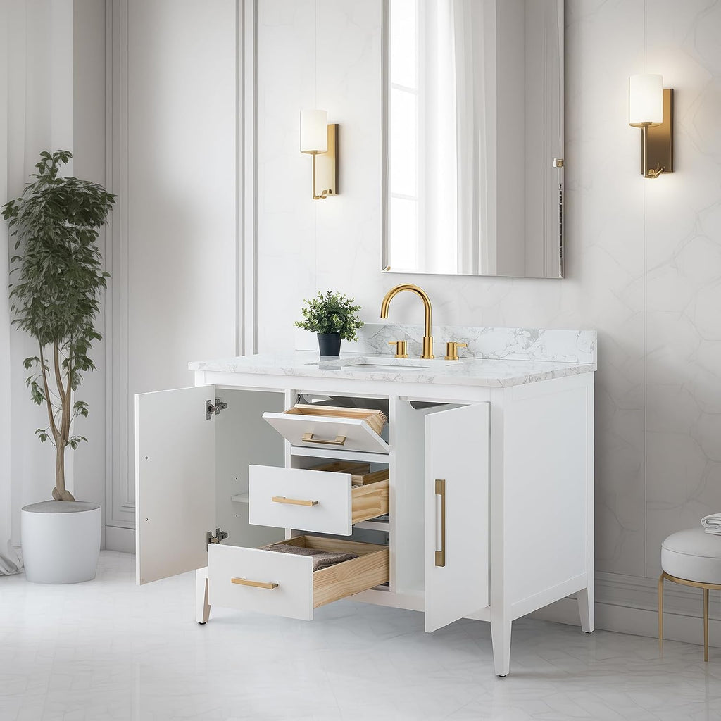 Vanity Art 48 inch Bathroom Vanity with Single Sink & Ceramic Top, Solid Wood, Vanity Cabinet with Soft-Closing Doors, Drawers, White, Golden Brushed Handware