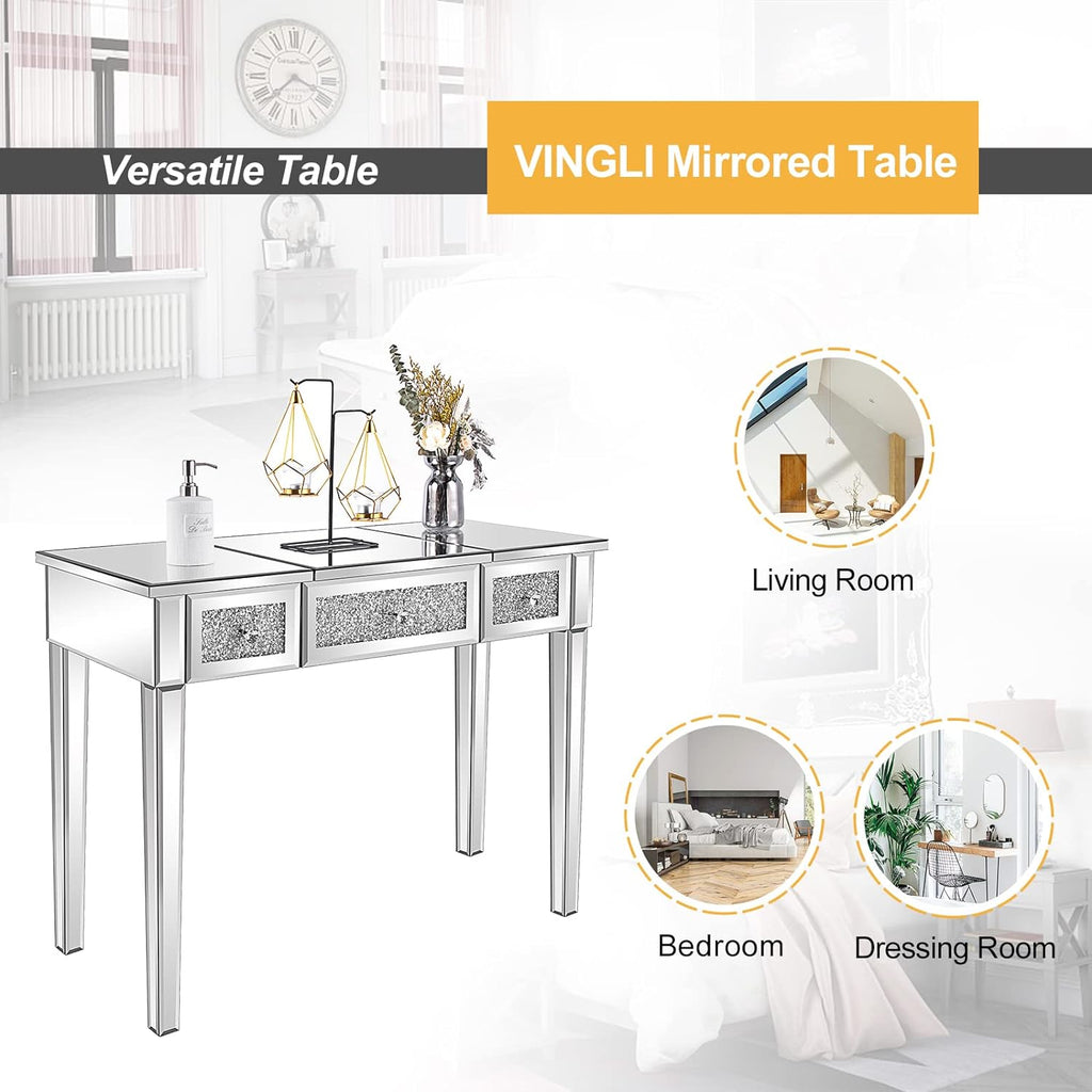 VINGLI Silver Mirrored Vanity Desk, Glass Vanity w/Drawers and Flip Mirror, Bling Mirror Vanity Desk for Women Girls Bedroom, Makeup Room & Office Writing Desk