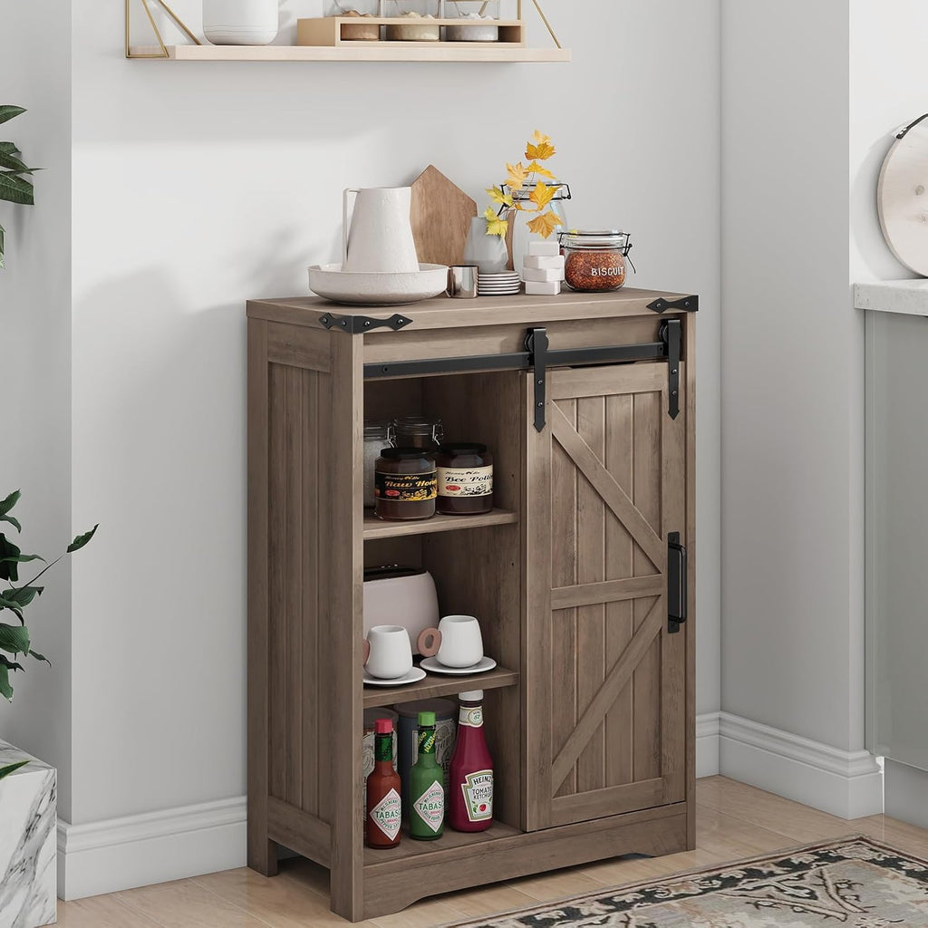 Halitaa Bathroom Farmhouse Storage Cabinet, Floor Cabinet with 4 Drawers, Bathroom Cabinet with Sliding Door, Rustic Storage Organizer for Kitchen, Living Room, Rustic Style, Grey