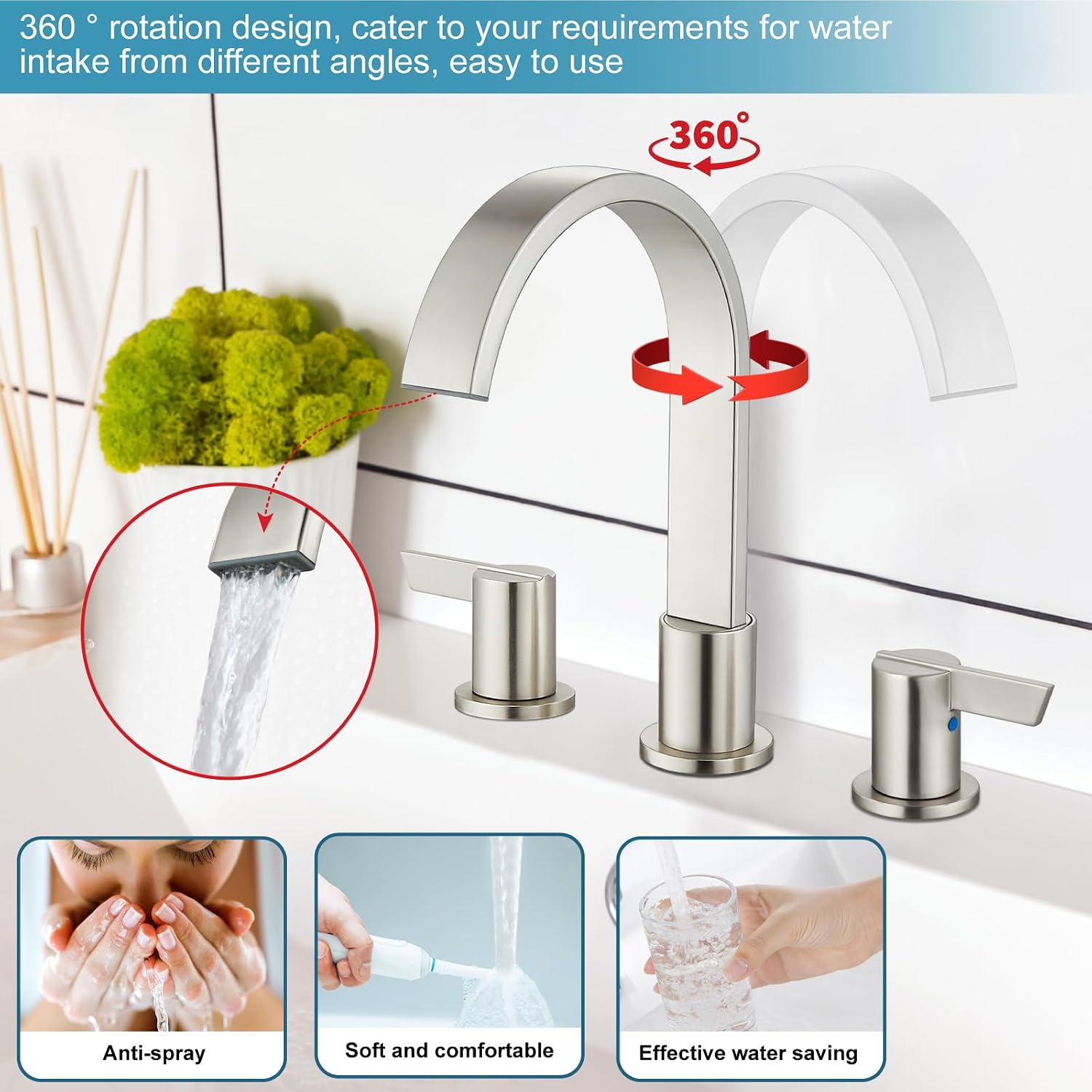 Midanya Brushed Nickel Morden Widespread Bathroom Faucet 3 Holes 2 Handles 8 Inch Vanity Faucet with 10 Inch Brushed Nickel Rain Shower Set Square Rainfall Shower Head Wall Mount Shower Faucet System