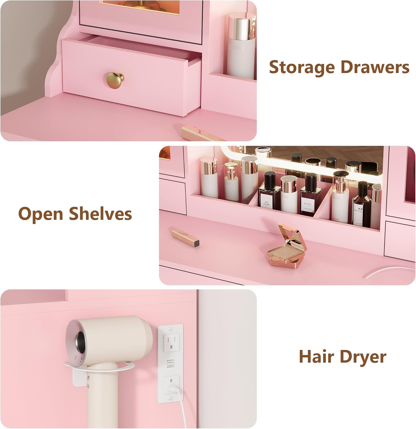 HUANLEGO Vanity Desk with Mirror and Lights, Pink Vanity Mirror with Lights & RGB Glass Cabinet and 3 Drawers, Makeup Vanitys Desk with Lighted Mirror, Dressing Table for Girls Bedroom, 3 Color Modes