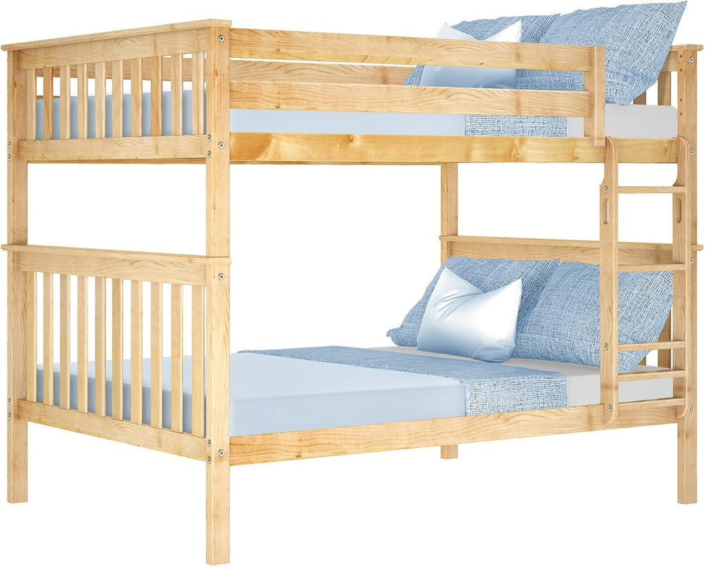 Max & Lily Full Over Full Bunk Bed with Ladder, Solid Wood Platform Bed Frame for Kids, 14' Safety Guardrails, Easy Assembly, No Box Spring Needed, Natural