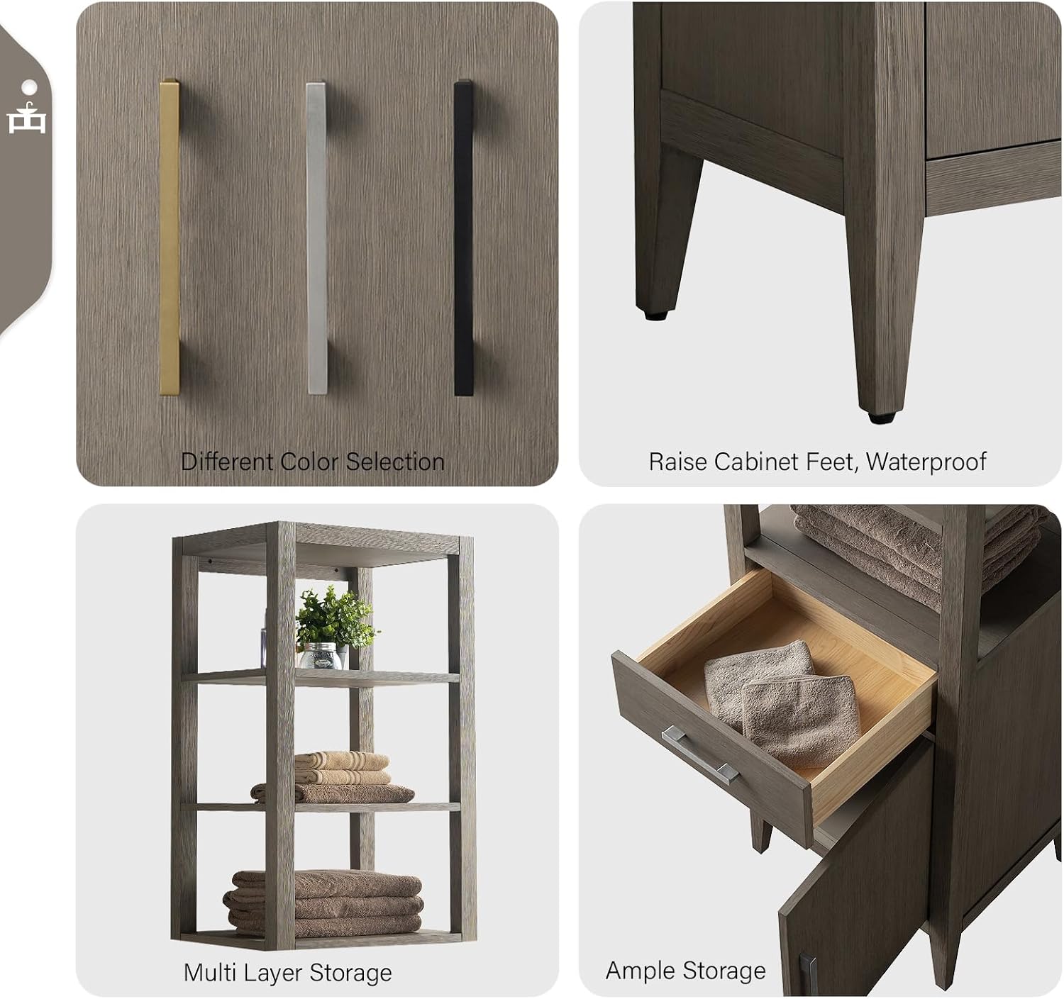 Vanity Art 21' Bathroom Vanity with Storage Cabinet & Shelves, Storage Cabinet with Soft-Closing Doors, VA90-LC-DG-BN1