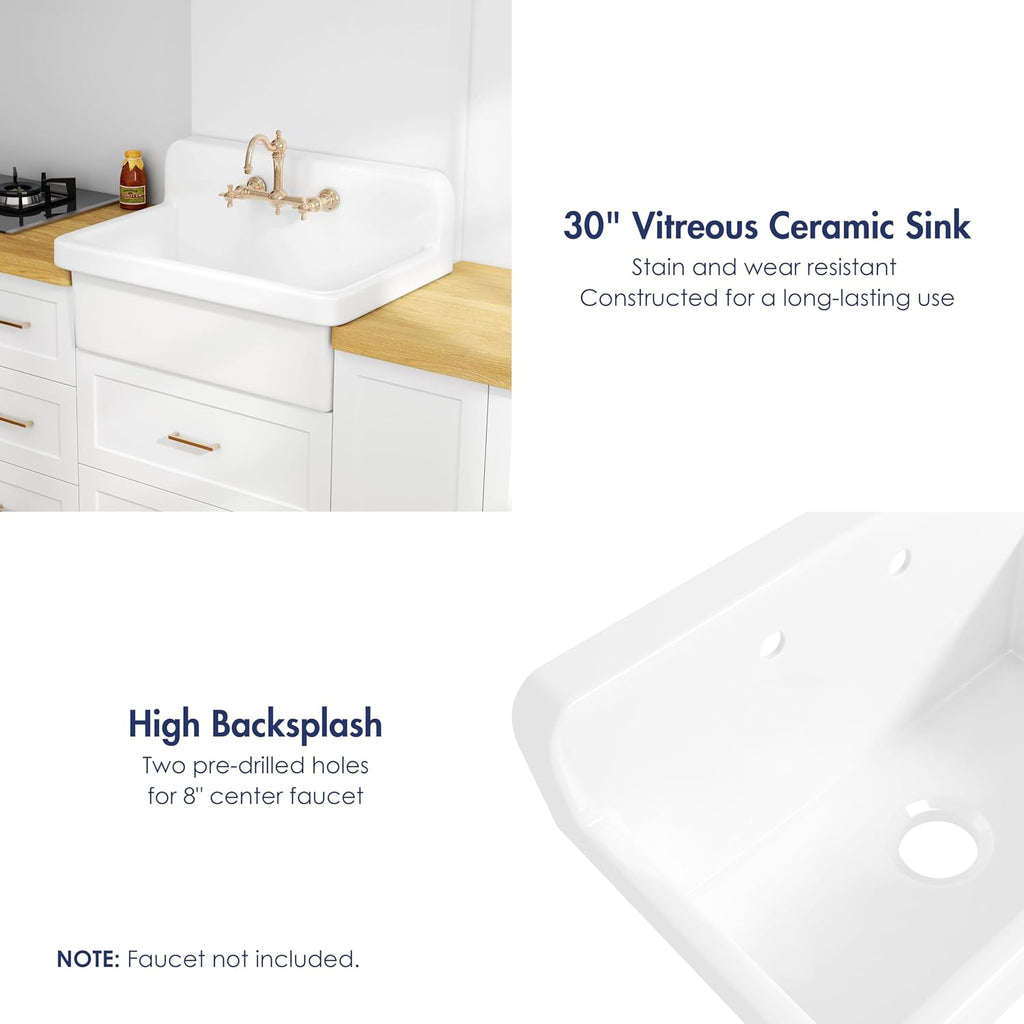 Eridanus 30 Inch Utility Sink, Wall Mount Laundry Sink, Modern Bathroom Basin, Farmhouse Kitchen Sink Drop-in, Floating Porcelain Ceramic Tub High Back for Garage, Washing Room, Workshop 30'x19'x17'