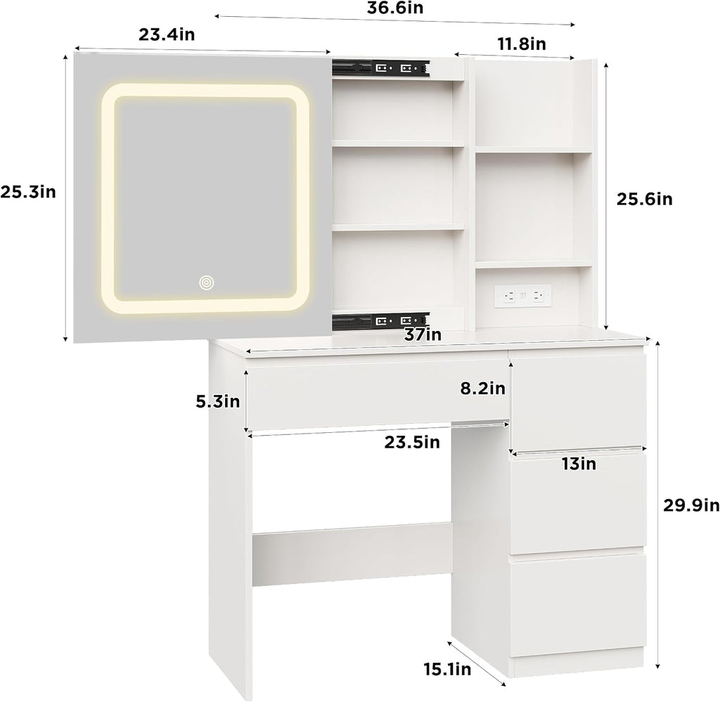 Vabches Make Up Vanity Desk with Charging Station, Vanity Set with Mirror and Stool and Lights,Dressing Table with 4 Drawers & Storage Shelves,37inch, White