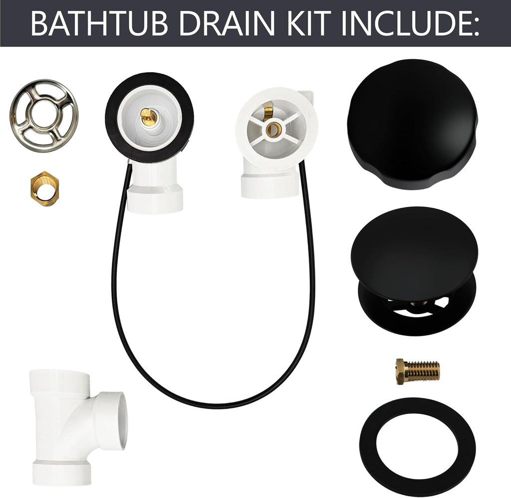 Westbrass A50P45-62 45' SCH. 40 PVC Cable Driven Bath Drain Trim Kit with Rotary Overflow Cover Knob and Pop-Up Stopper, Matte Black