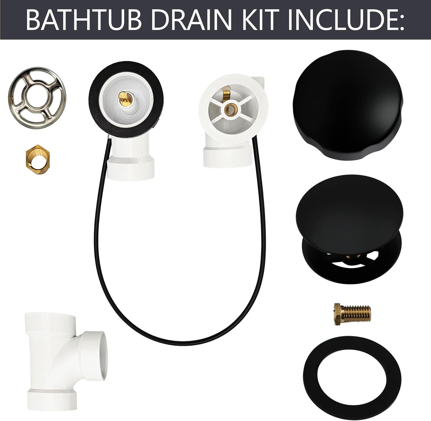 Westbrass A50P45-62 45' SCH. 40 PVC Cable Driven Bath Drain Trim Kit with Rotary Overflow Cover Knob and Pop-Up Stopper, Matte Black
