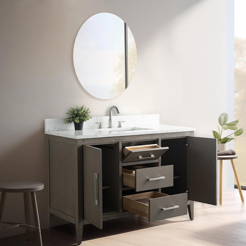 Vanity Art 48 inch Bathroom Vanity with Single Sink & Ceramic Top, Solid Wood, Vanity Cabinet with Soft-Closing Doors, Drawers, Driftwood Gray, Golden Brushed Handware