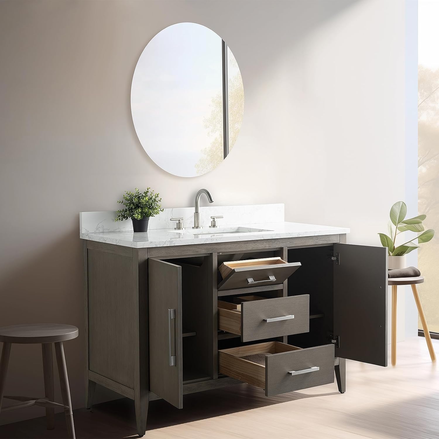 Vanity Art 48 inch Bathroom Vanity with Single Sink & Ceramic Top, Solid Wood, Vanity Cabinet with Soft-Closing Doors, Drawers, Driftwood Gray, Golden Brushed Handware