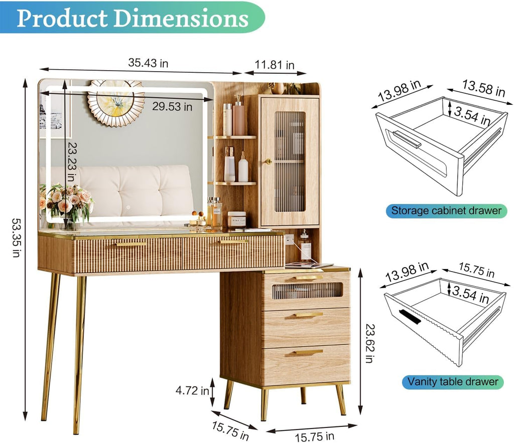 Arulvmrn Vanity Desk with 29.53' HD Lighted Mirror, 47.24' Big Modern Vanity Desk with Mirror and Lights, Makeup Vanity with 5 Drawers and Storage Shelves and Charging Station, Oak
