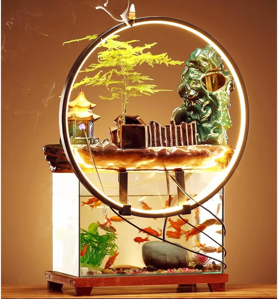 House Decorative Items Tabletop Fountain Ceramic Waterfall Fountain with Lamp Ring and Fish Tank Tabletop Flowing Water Decoration Office Home Decoration Tabl,B