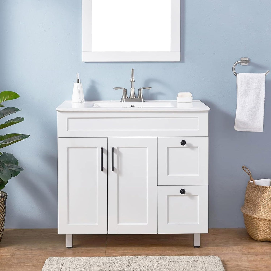 36 Inch White Freestanding Bathroom Vanity with Ceramic Sink Combo, Modern Storage Vanity with 2 Soft-Closing Doors & 2 Drawers, Ideal for Medium-Sized Bathrooms