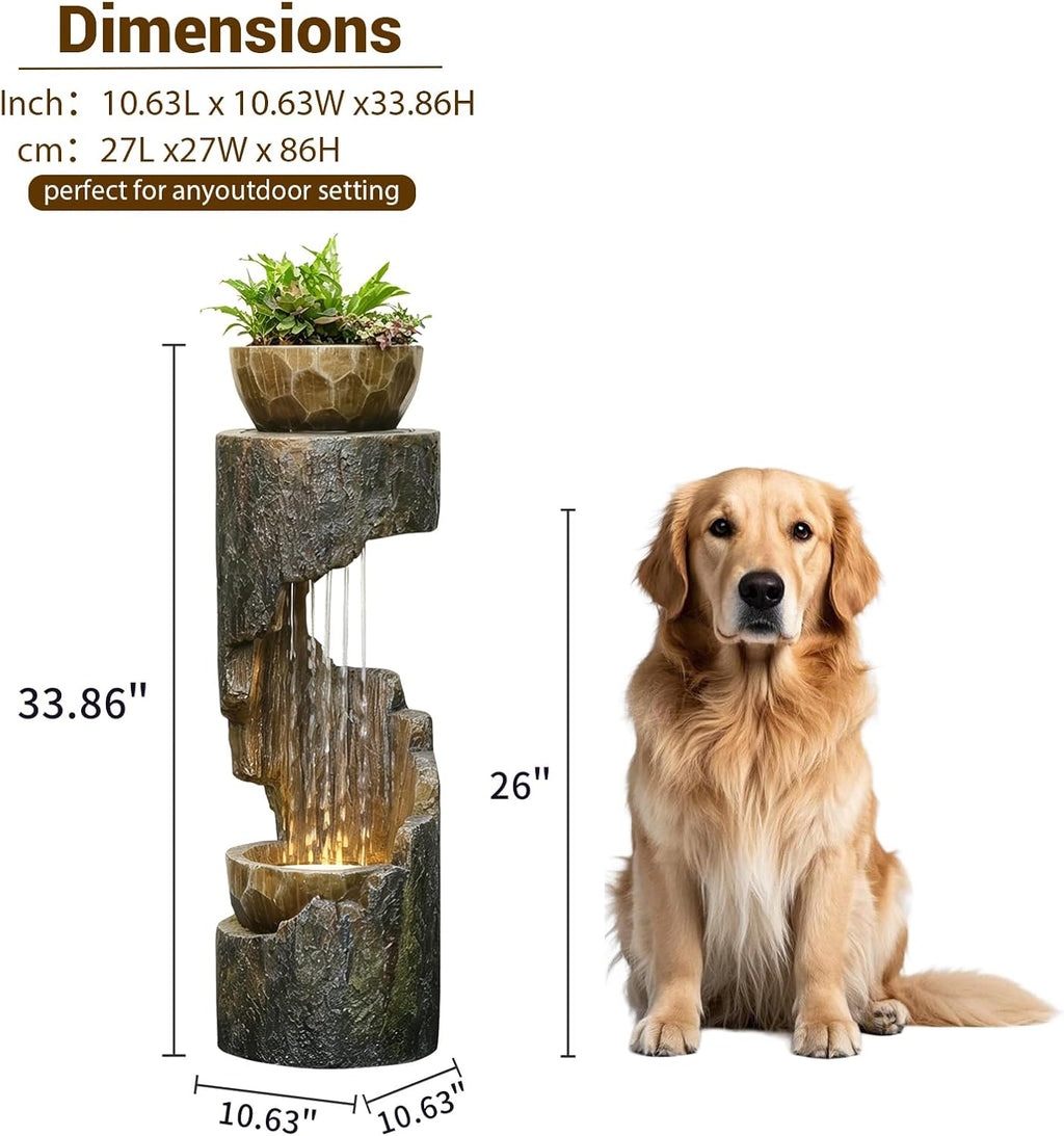 Sunlinua Outdoor Water Fountain with LED Light, Modern Spiral Tiered Outdoor Fountain with Wooden Planter Curved Freestanding Waterfall Fountains for Garden Patio Deck Porch