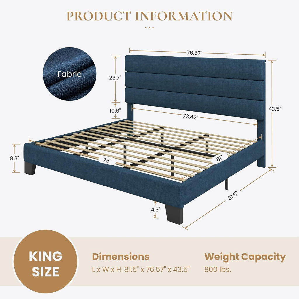 SHA CERLIN King Platform Bed Frame with Upholstered Fabric Headboard, Mattress Foundation with Strong Wooden Slats Support, No Box Spring Needed, Blue