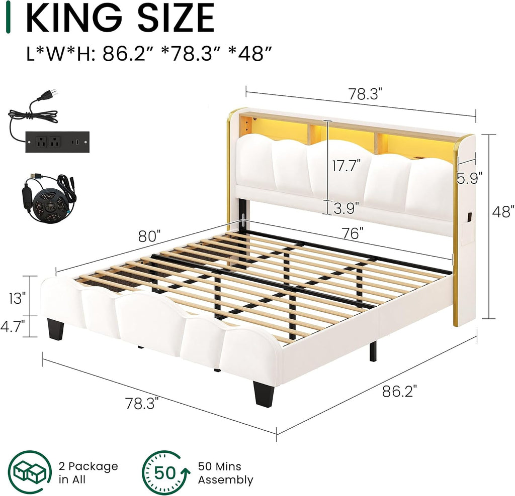 LARMACE King Size Bed Frame with LED Lights and Charging Station Velvet Upholstered Platform Bed Frame with Storage Headboard, No Box Spring Needed, Easy Assembly, White