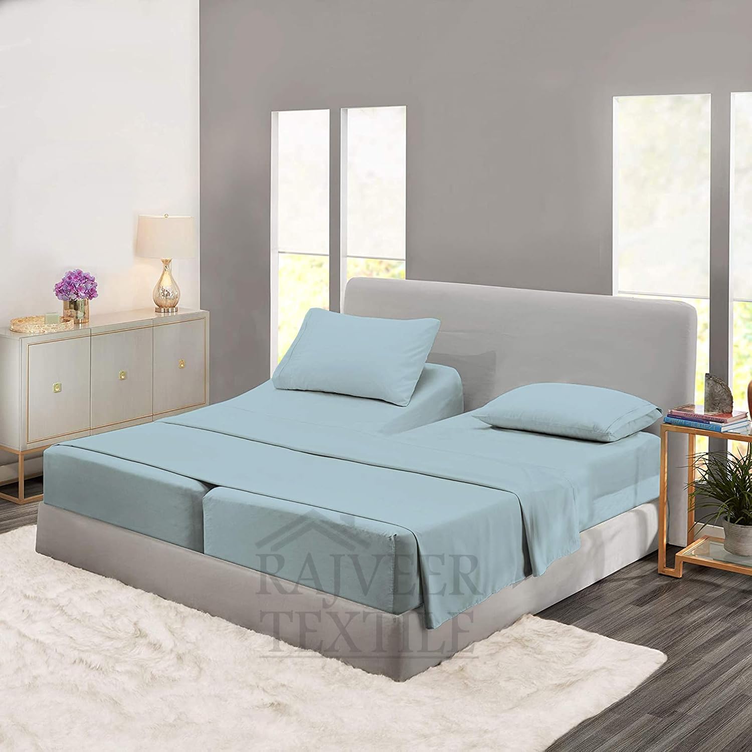 Cotton Home- 5 Pieces Split King Size Light Blue Color Sheet Set – Soft Quality Luxury 18 Inch Deep Pocket & Bedding Set with Flat Sheet, Fitted Sheet, 2-Pillow Covers(20' x 30')Inches