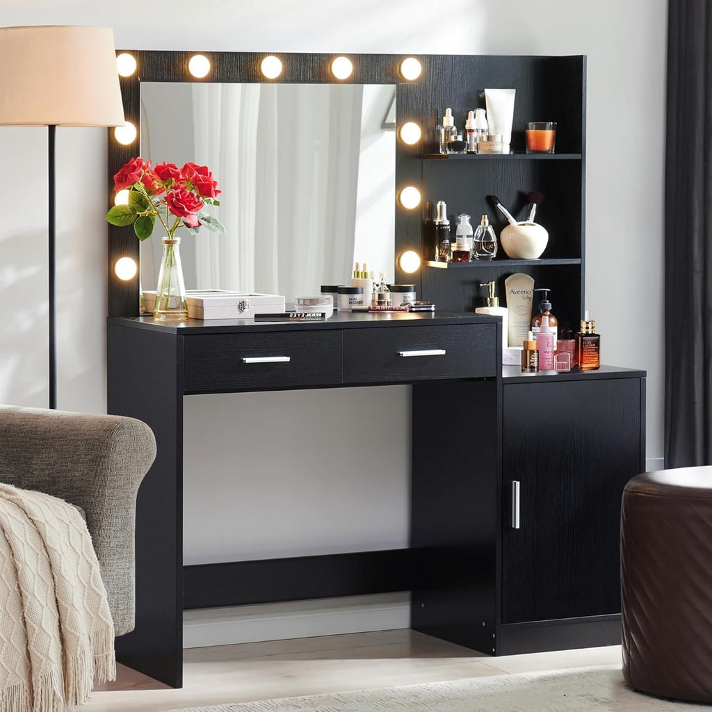 Palimder Vanity Desk with Lamp Bulb Mirror Drawers,Vanity Storage Bench,Makeup Vanities Table for Bedroom