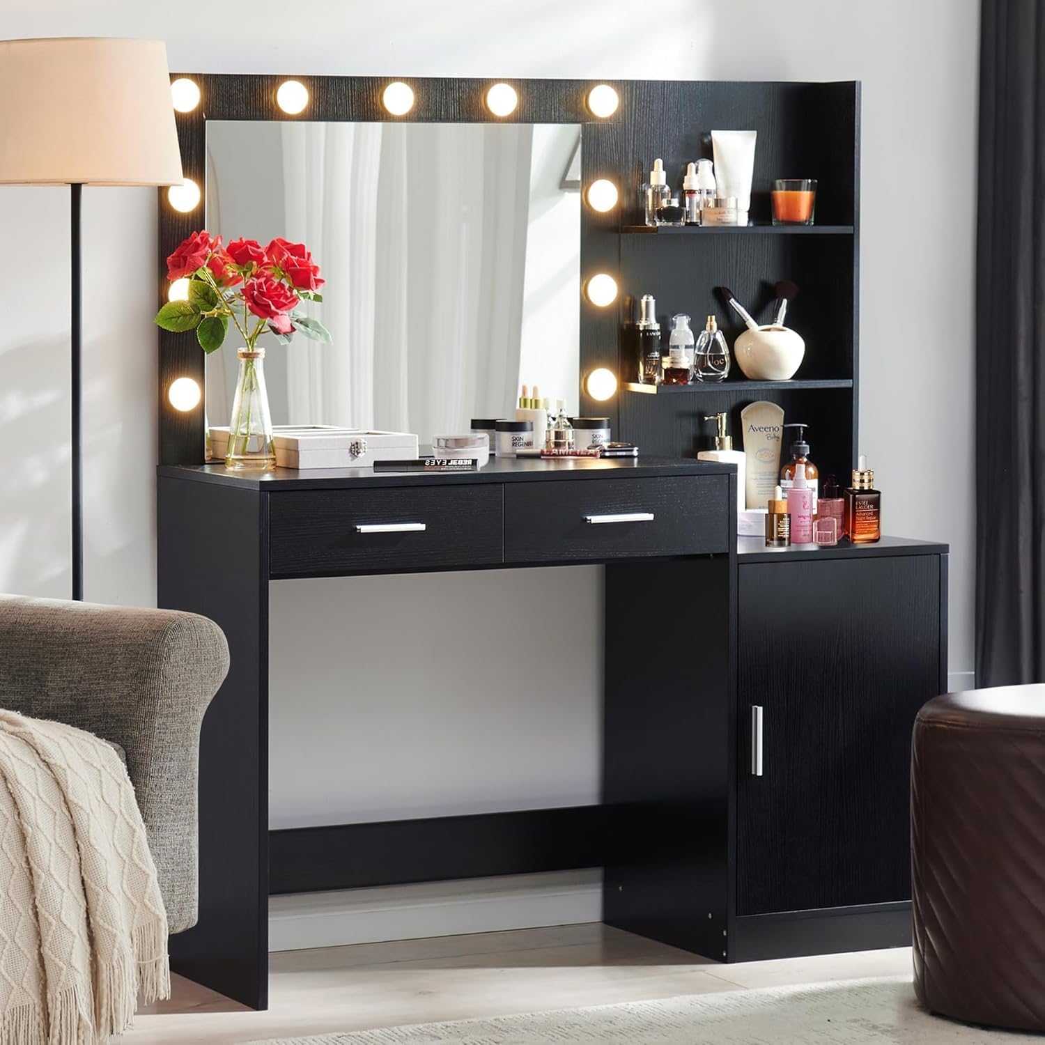 Palimder Vanity Desk with Lamp Bulb Mirror Drawers,Vanity Storage Bench,Makeup Vanities Table for Bedroom