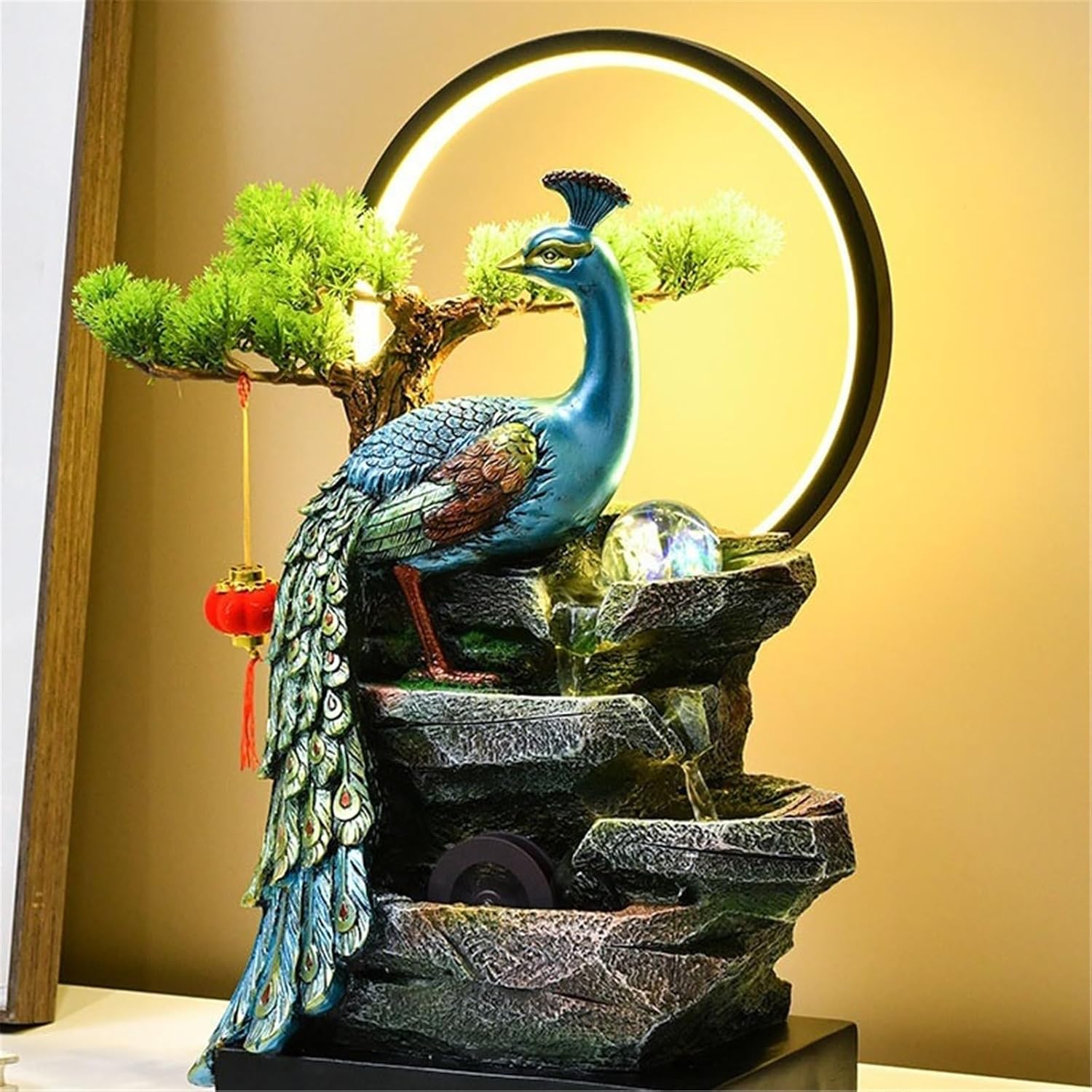 Tabletop Fountain Peacock Flowing Water Ornament Desktop Fountains for Home Bedroom Living Room Office Decor