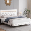 Keyluv Modern Upholstered Queen Bed Frame with LED Lights, Faux Leather Low Profile Platform Bed Frame, Adjustable Crystal Button Tufted Headboard, Strong Wood Slat Support, Easy Assembly, White