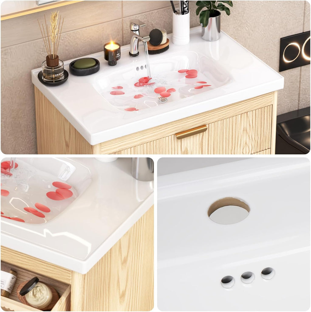 24'' Bathroom Vanity with Ceramic Single Sink Combo, Small Freestanding Bathroom Storage Vanity Cabinet with Drawer & Cabinet, Metal Handle，Natural Oak