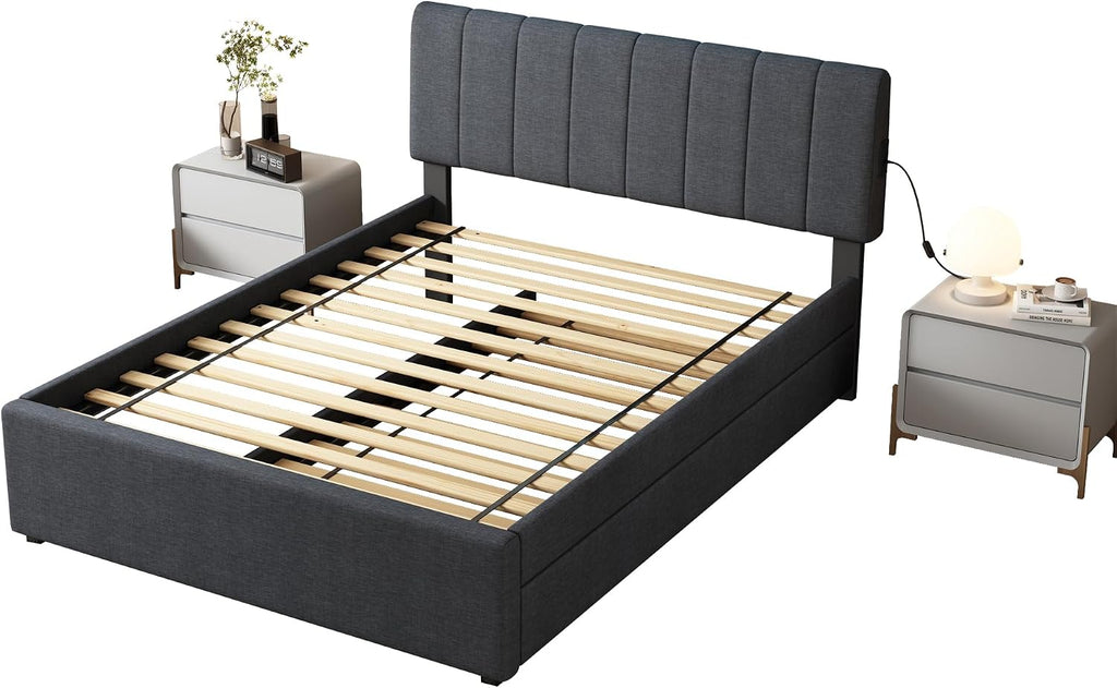 Ball & Cast Full Size Upholstered Platform Bed with Remote Control Intelligence Led Lights App and Trundle,Wood Bed Frame w/Charging Station Headboard & Eva Silent Strip,Bebframe for Apartment,Gray