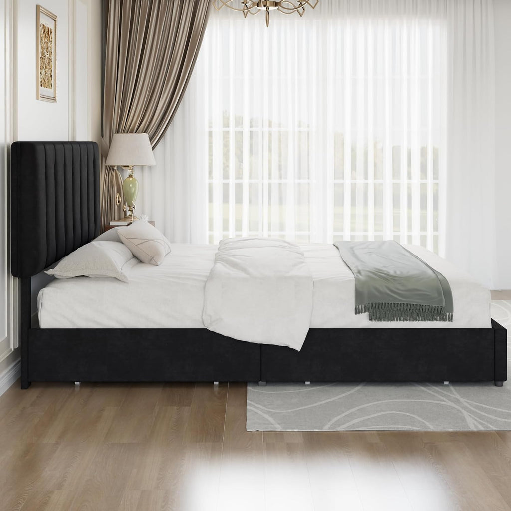 VECELO King Size Bed Frame with 4 Storage Drawers, Adjustable Height Headboard, Heavy-Duty Bedframe with Strong Wooden Slats, No Box Spring Needed, Black