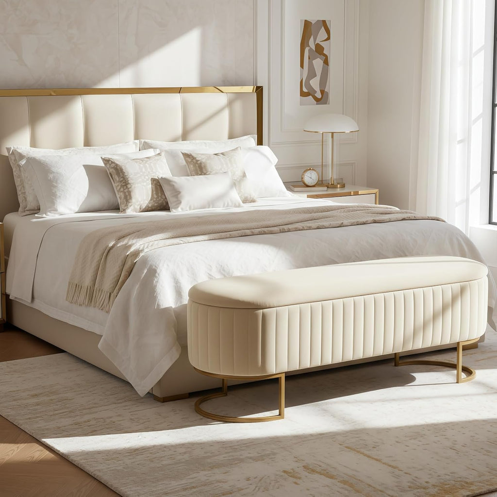 50.5' Velvet Storage Ottoman Bench with Gold-Toned Legs, Luxury Upholstered End of Bed Multi-Functional Footrest & Seat for Bedroom & Entryway